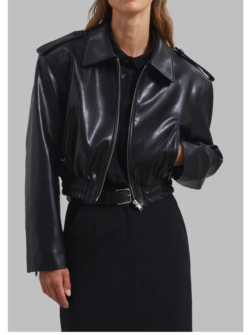 The Frankie Shop Black Cropped Belted Leather Jacket